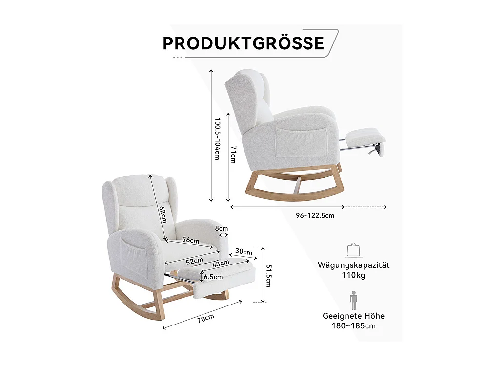 Fauteuil à bascule allaitement lounge structure bois repose-pieds réglable dossier haut Teddy poche appoint chambre salon blanc
