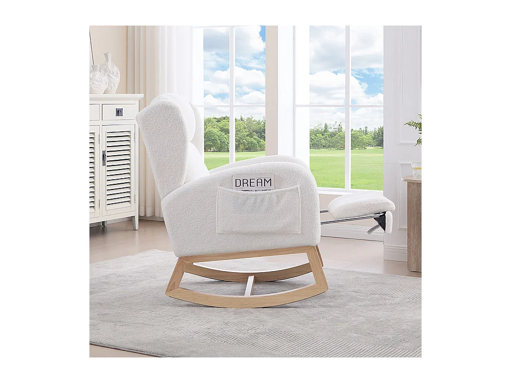 Fauteuil à bascule allaitement lounge structure bois repose-pieds réglable dossier haut Teddy poche appoint chambre salon blanc