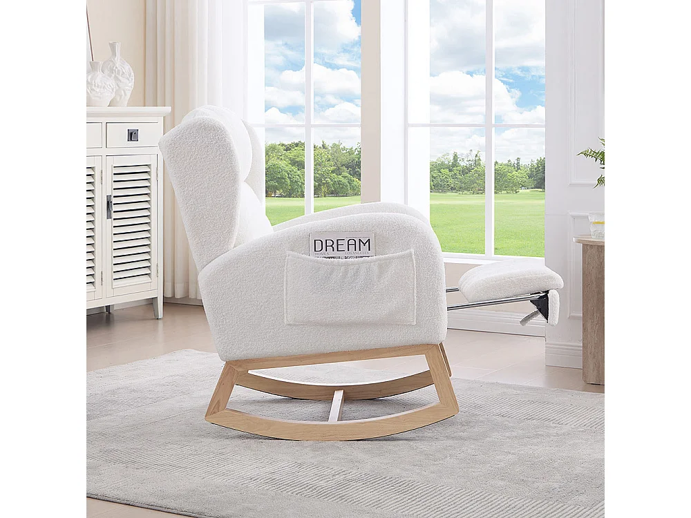 Fauteuil à bascule allaitement lounge structure bois repose-pieds réglable dossier haut Teddy poche appoint chambre salon blanc
