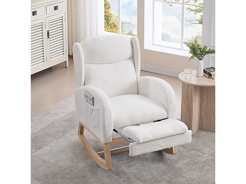Fauteuil à bascule allaitement lounge structure bois repose-pieds réglable dossier haut Teddy poche appoint chambre salon blanc
