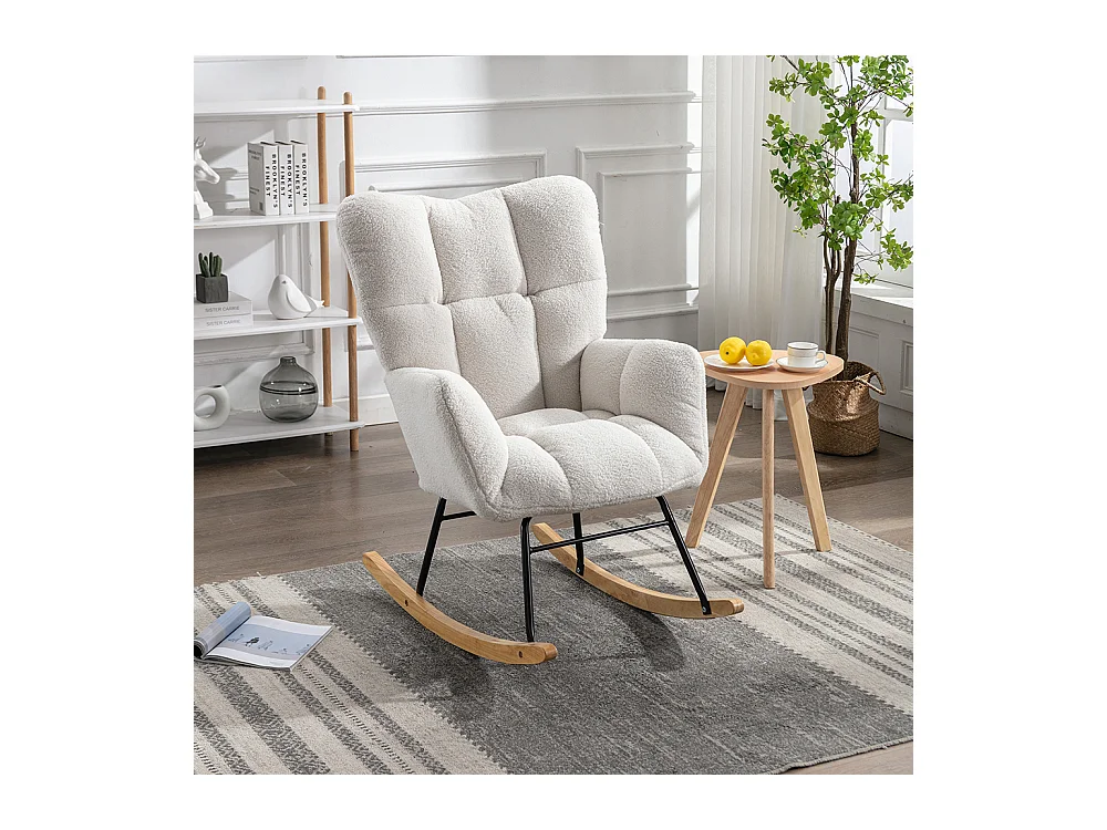 Fauteuil à bascule moderne Mid Century tissu Teddy revêtement tufté assise rembourrée salon chambre blanc