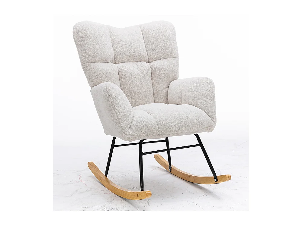 Fauteuil à bascule moderne Mid Century tissu Teddy revêtement tufté assise rembourrée salon chambre blanc
