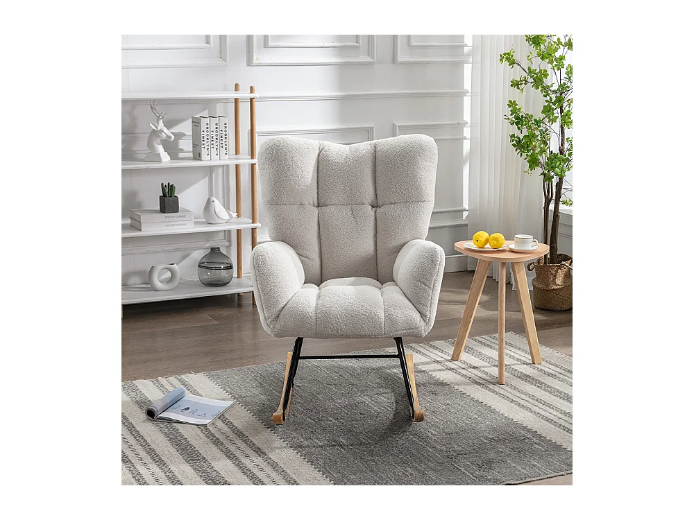 Fauteuil à bascule moderne Mid Century tissu Teddy revêtement tufté assise rembourrée salon chambre blanc