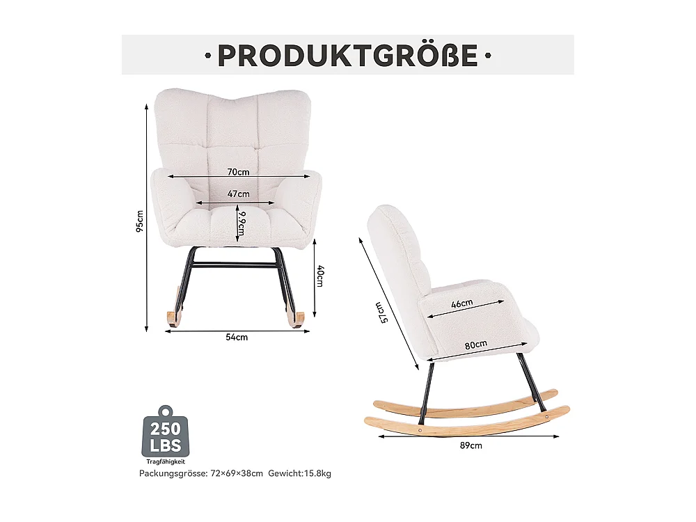 Fauteuil à bascule moderne Mid Century tissu Teddy revêtement tufté assise rembourrée salon chambre blanc