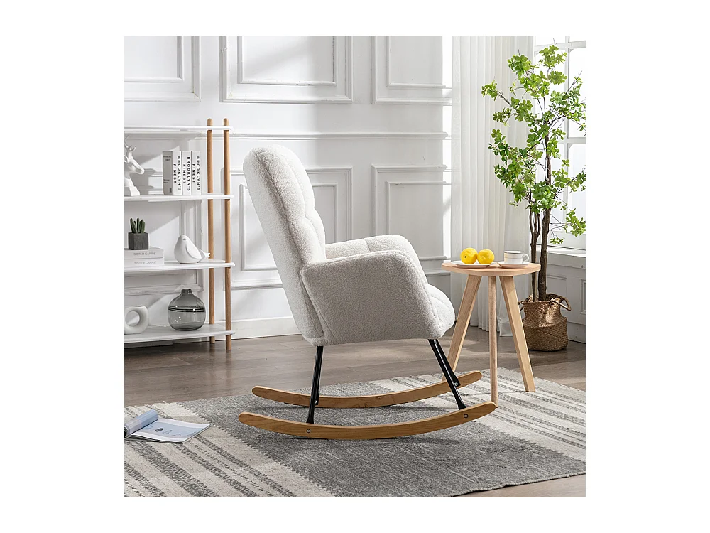 Fauteuil à bascule moderne Mid Century tissu Teddy revêtement tufté assise rembourrée salon chambre blanc