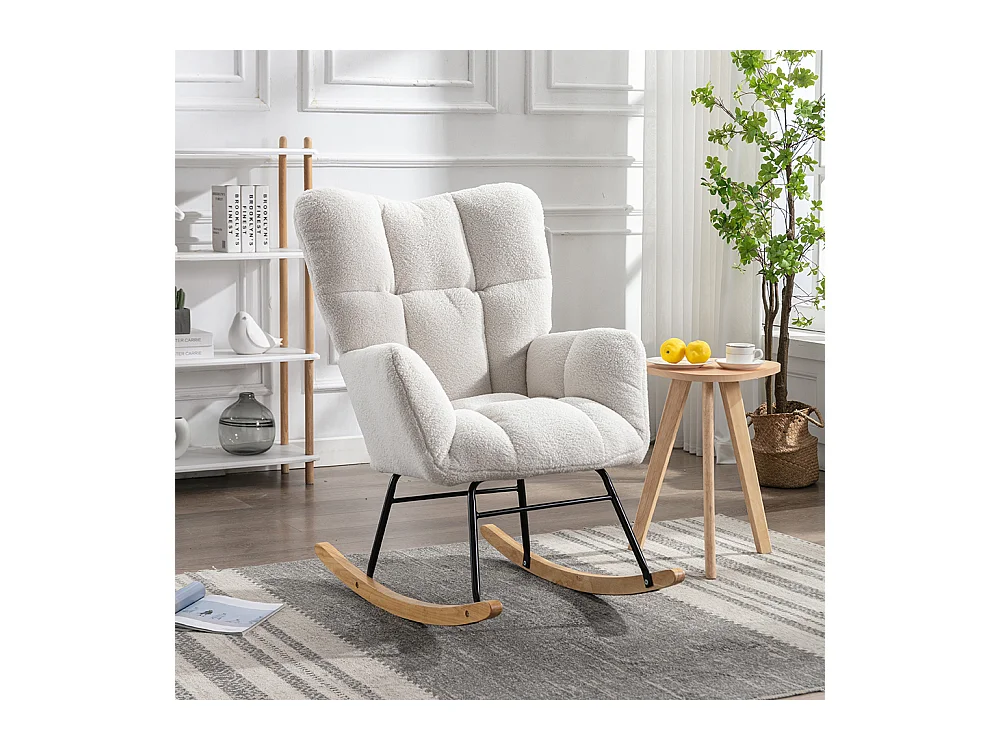 Fauteuil à bascule moderne Mid Century tissu Teddy revêtement tufté assise rembourrée salon chambre blanc