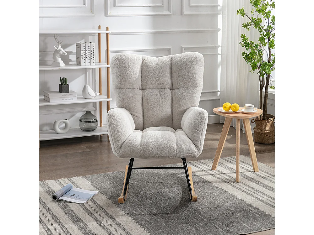 Fauteuil à bascule moderne Mid Century tissu Teddy revêtement tufté assise rembourrée salon chambre blanc