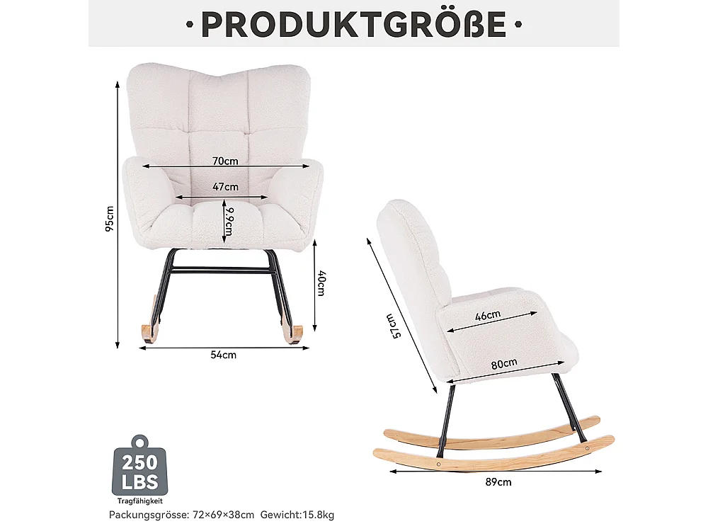 Fauteuil à bascule moderne Mid Century tissu Teddy revêtement tufté assise rembourrée salon chambre blanc