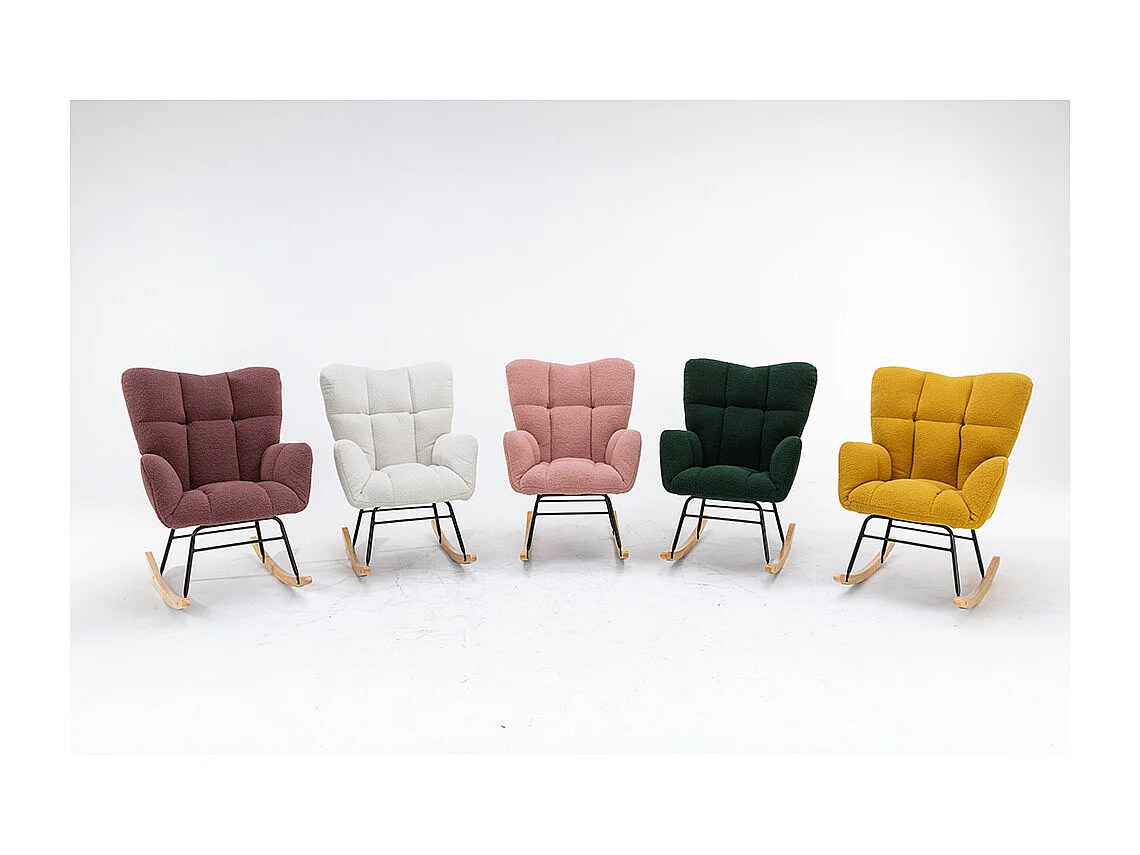 Fauteuil à bascule moderne Mid Century tissu Teddy revêtement tufté assise rembourrée salon chambre blanc