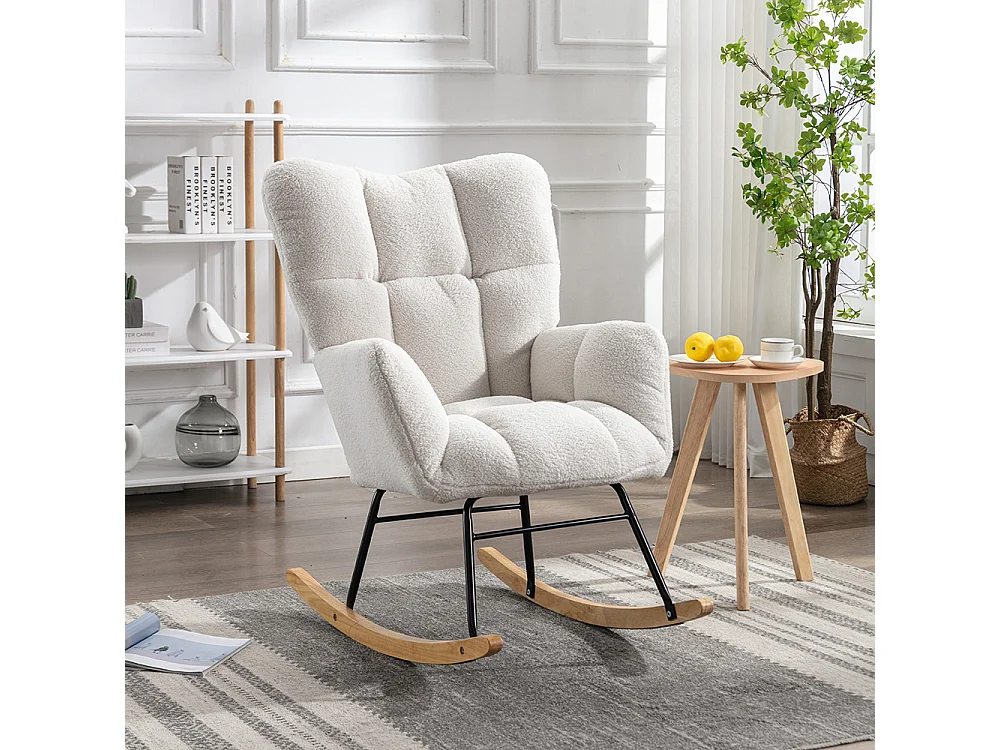 Fauteuil à bascule moderne Mid Century tissu Teddy revêtement tufté assise rembourrée salon chambre blanc
