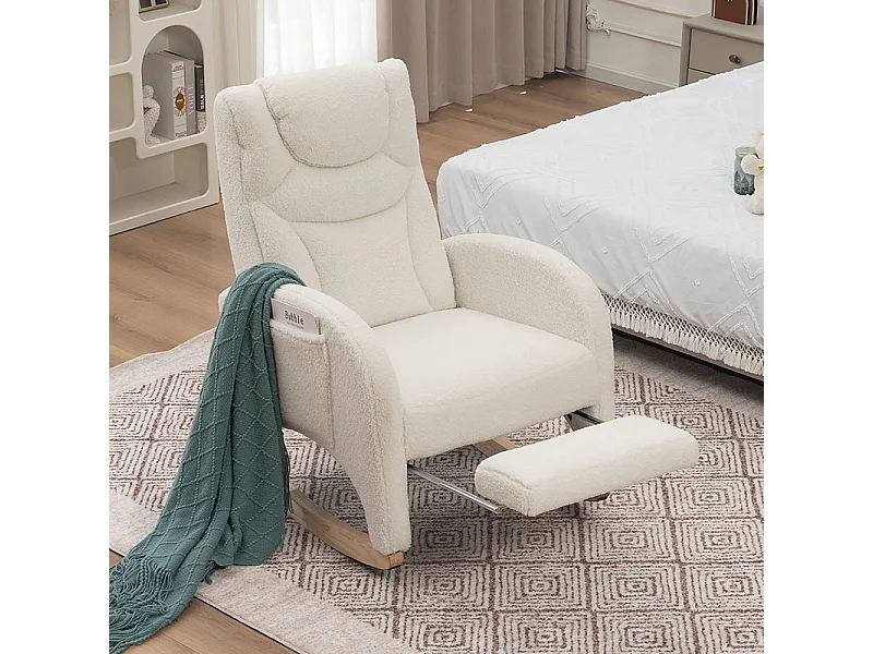 Fauteuil à bascule relax salon accoudoirs rembourré appoint chambre Teddy blanc capacité 110 kg