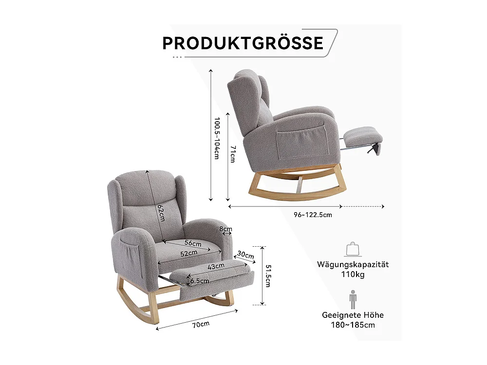Fauteuil à bascule allaitement lounge structure bois repose-pieds réglable dossier haut Teddy poche appoint chambre salon gris