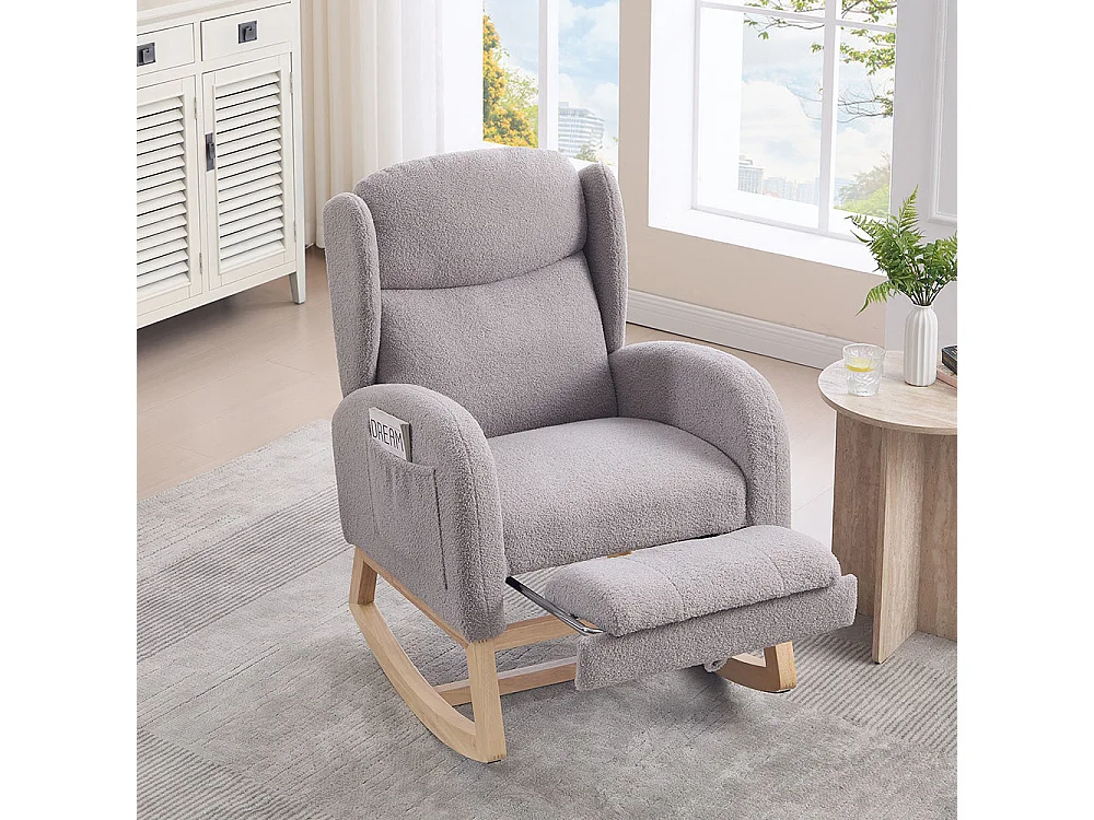 Fauteuil à bascule allaitement lounge structure bois repose-pieds réglable dossier haut Teddy poche appoint chambre salon gris