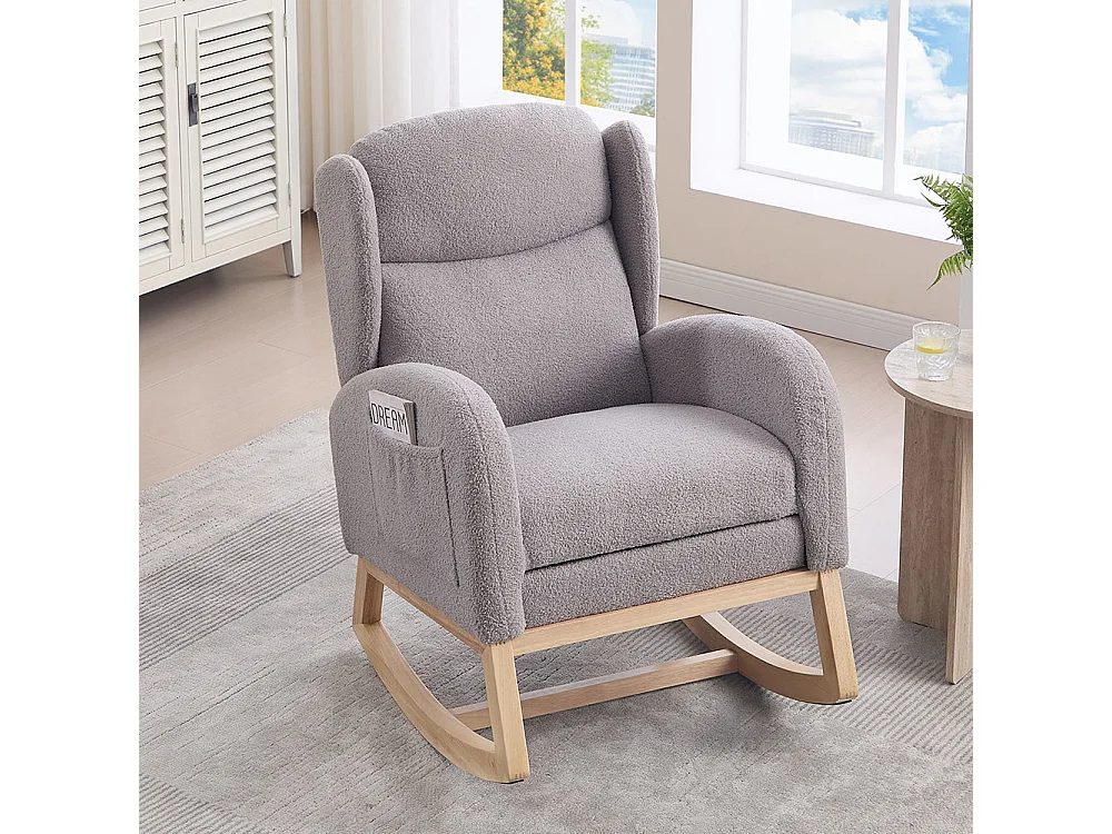 Fauteuil à bascule allaitement lounge structure bois repose-pieds réglable dossier haut Teddy poche appoint chambre salon gris