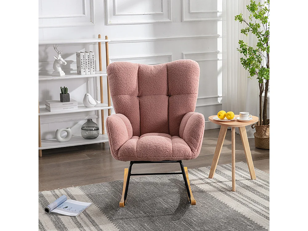 Fauteuil à bascule moderne Mid Century tissu Teddy revêtement tufté assise rembourrée salon chambre rose