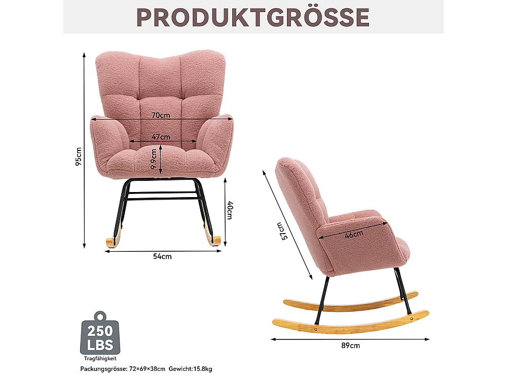 Fauteuil à bascule moderne Mid Century tissu Teddy revêtement tufté assise rembourrée salon chambre rose