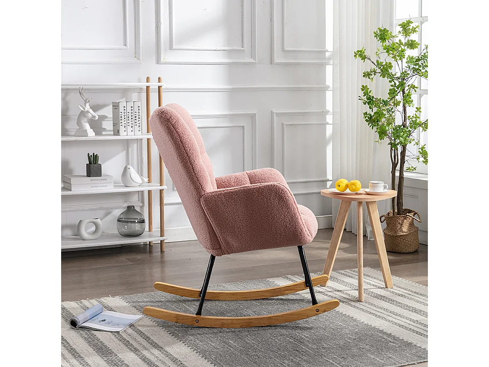 Fauteuil à bascule moderne Mid Century tissu Teddy revêtement tufté assise rembourrée salon chambre rose