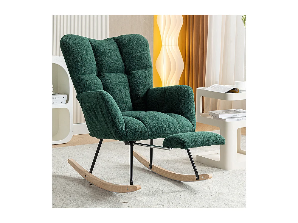 Fauteuil à bascule moderne rembourrage tissu Teddy repose-pieds extensible vert