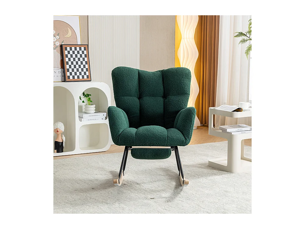 Fauteuil à bascule moderne rembourrage tissu Teddy repose-pieds extensible vert