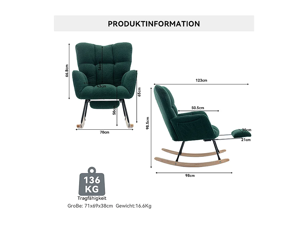 Fauteuil à bascule moderne rembourrage tissu Teddy repose-pieds extensible vert