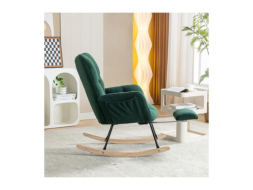 Fauteuil à bascule moderne rembourrage tissu Teddy repose-pieds extensible vert