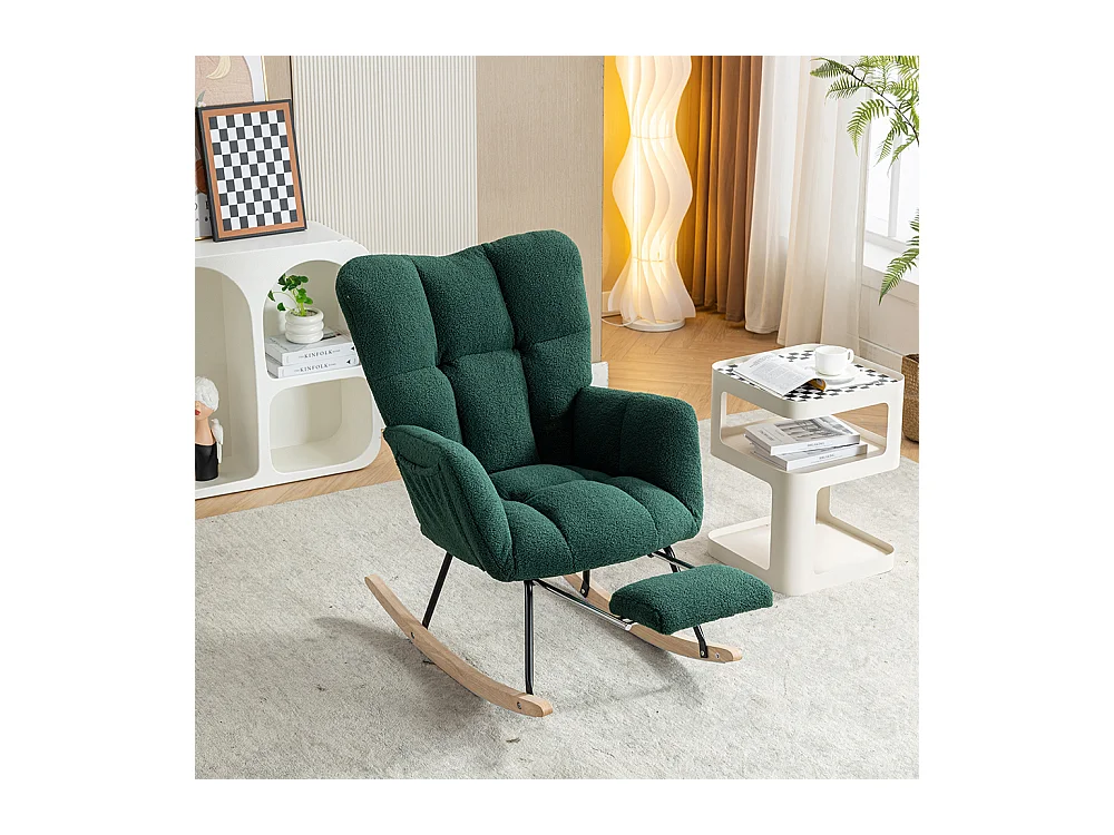 Fauteuil à bascule moderne rembourrage tissu Teddy repose-pieds extensible vert