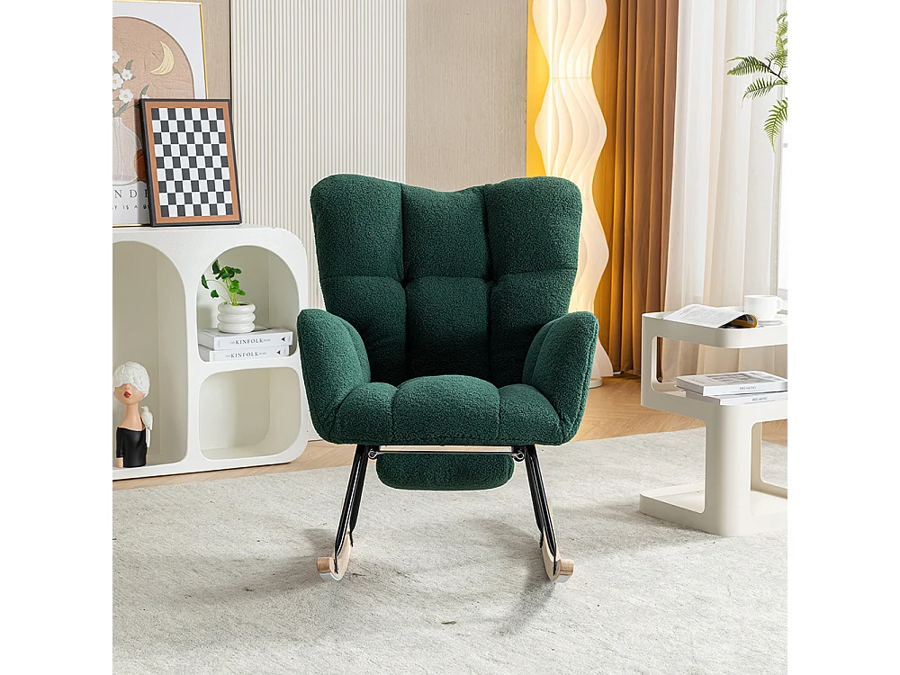 Fauteuil à bascule moderne rembourrage tissu Teddy repose-pieds extensible vert