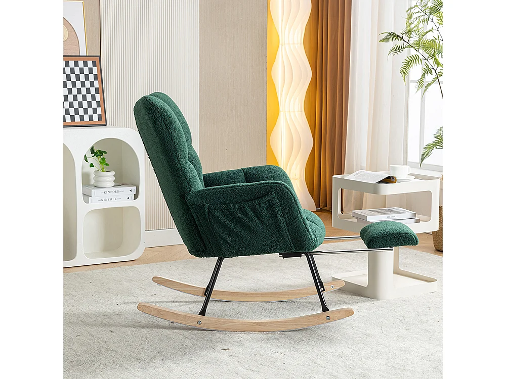 Fauteuil à bascule moderne rembourrage tissu Teddy repose-pieds extensible vert