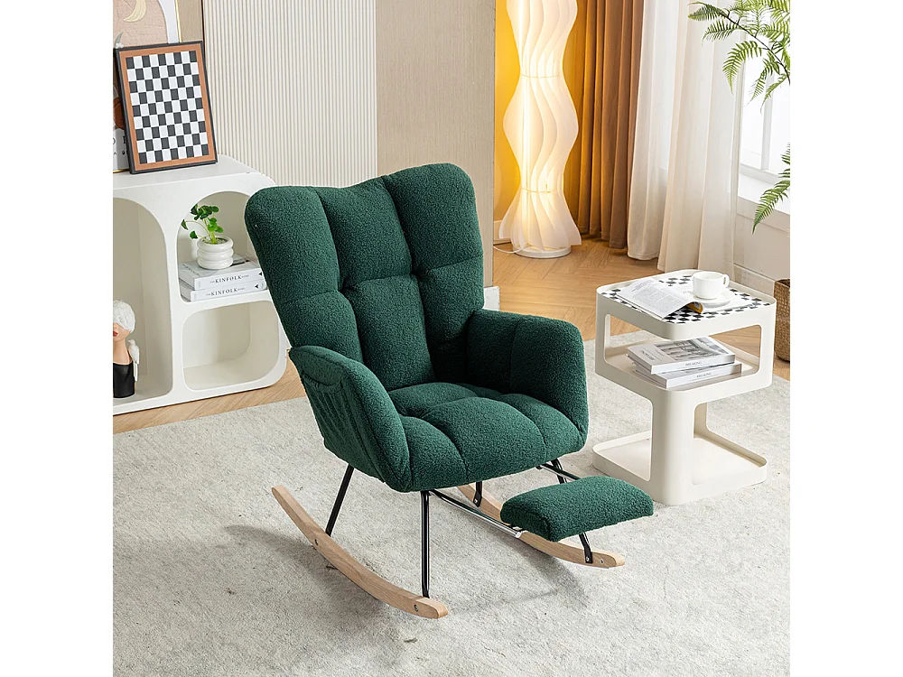 Fauteuil à bascule moderne rembourrage tissu Teddy repose-pieds extensible vert