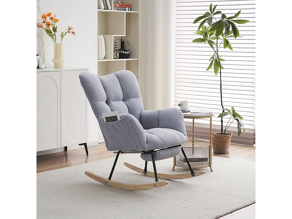 Fauteuil à bascule moderne rembourrage tissu Teddy repose-pieds extensible gris