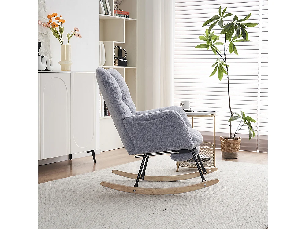 Fauteuil à bascule moderne rembourrage tissu Teddy repose-pieds extensible gris