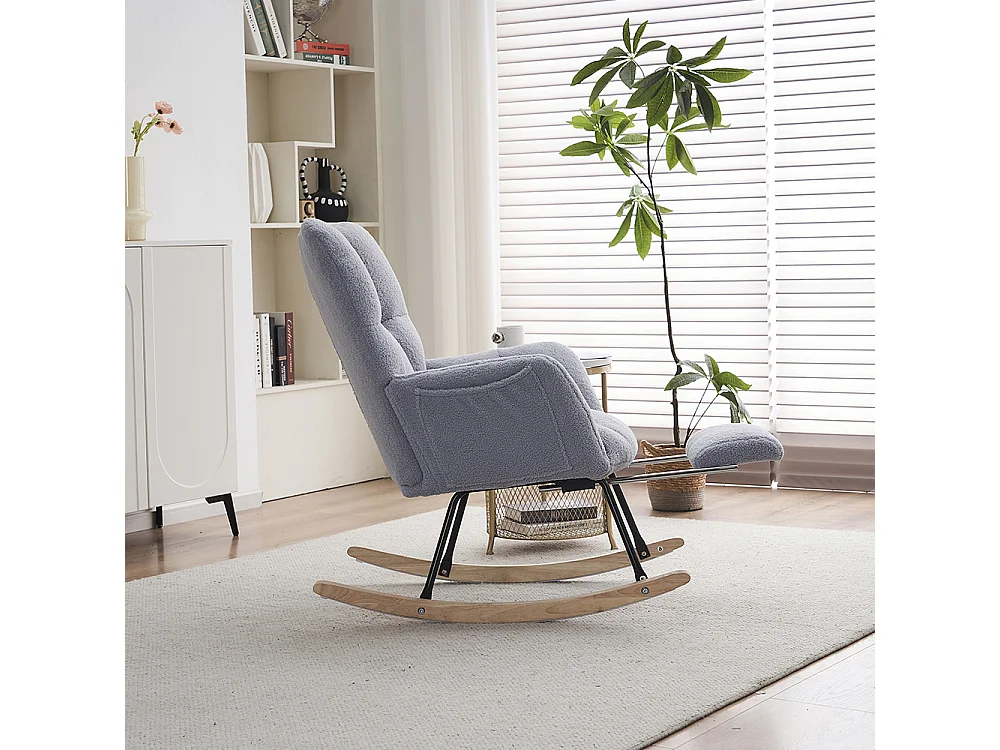 Fauteuil à bascule moderne rembourrage tissu Teddy repose-pieds extensible gris