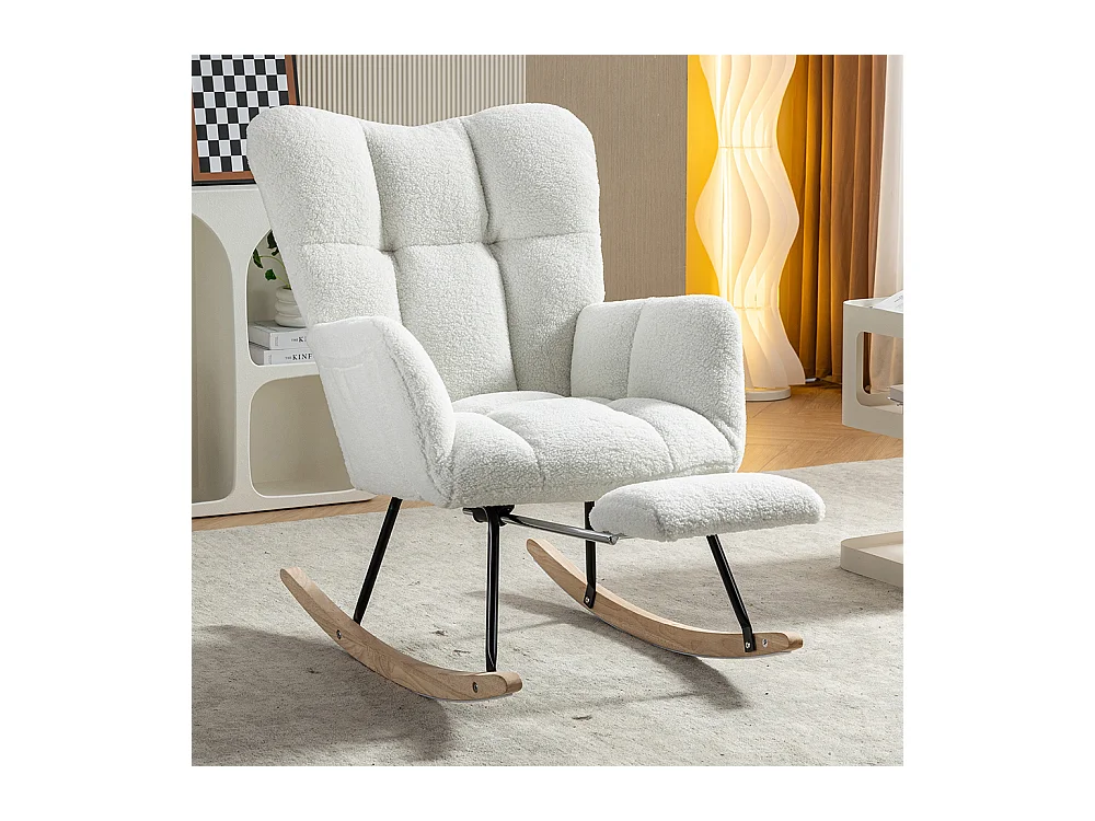 Fauteuil à bascule moderne rembourrage tissu Teddy repose-pieds extensible blanc