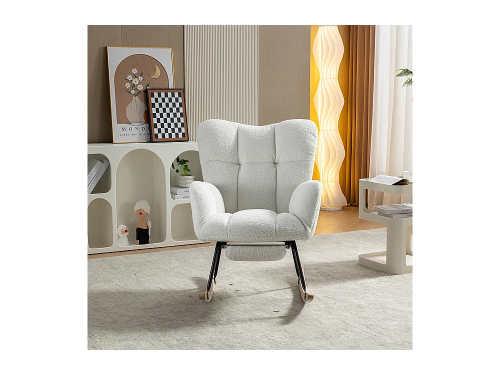 Fauteuil à bascule moderne rembourrage tissu Teddy repose-pieds extensible blanc