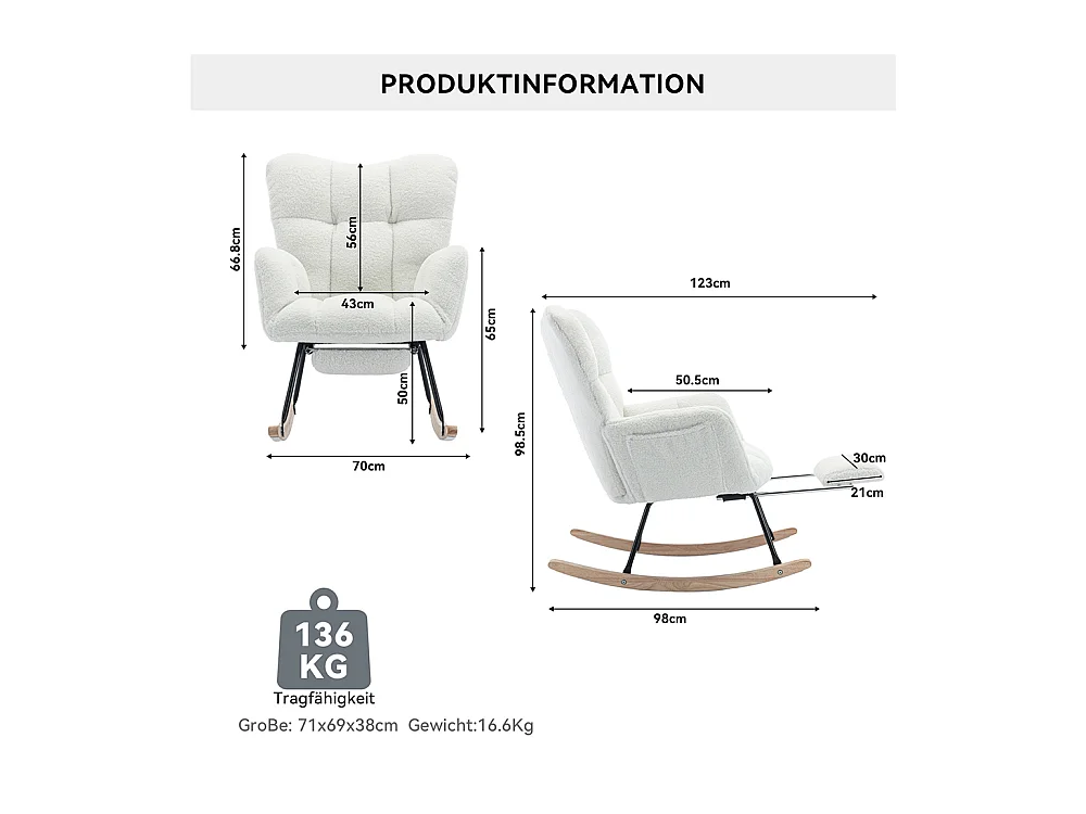 Fauteuil à bascule moderne rembourrage tissu Teddy repose-pieds extensible blanc