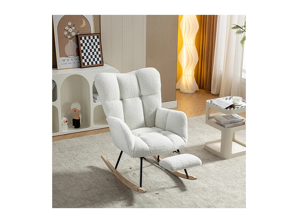 Fauteuil à bascule moderne rembourrage tissu Teddy repose-pieds extensible blanc