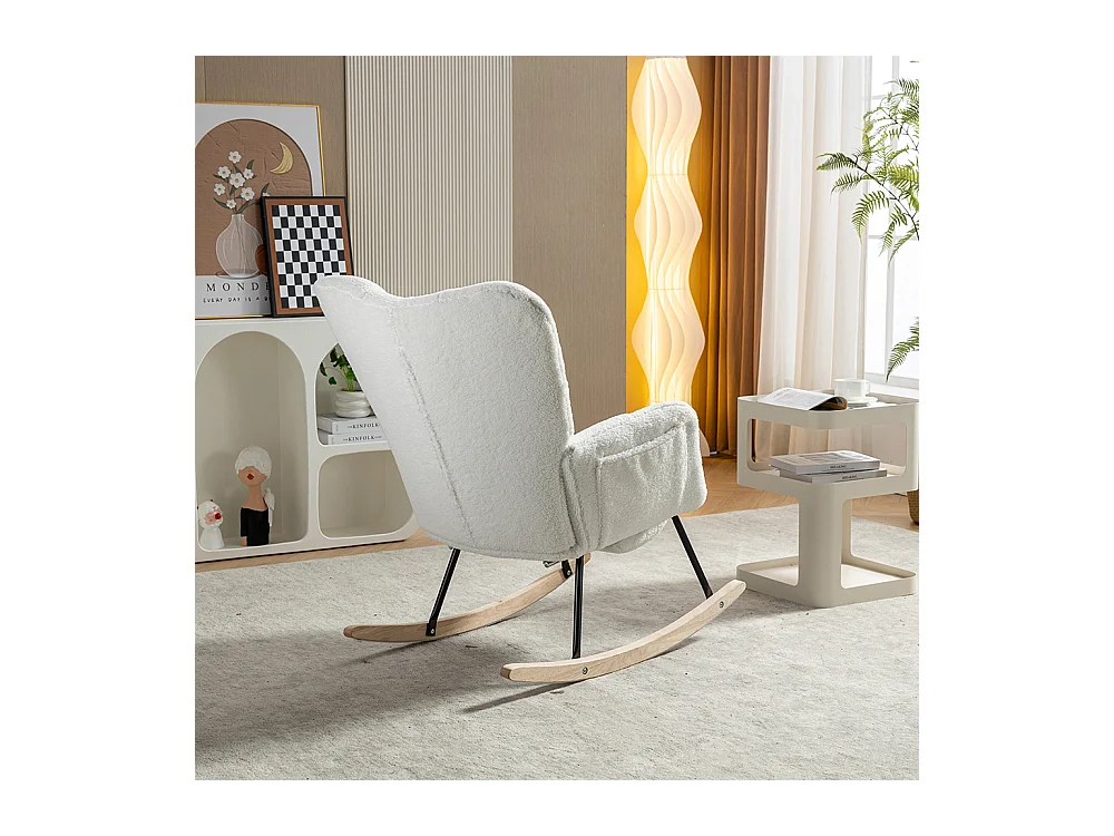 Fauteuil à bascule moderne rembourrage tissu Teddy repose-pieds extensible blanc