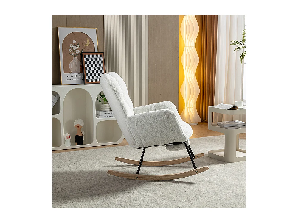Fauteuil à bascule moderne rembourrage tissu Teddy repose-pieds extensible blanc