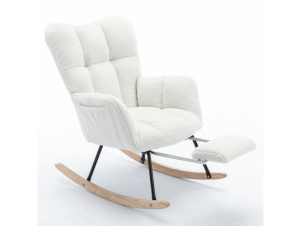 Fauteuil à bascule moderne rembourrage tissu Teddy repose-pieds extensible blanc