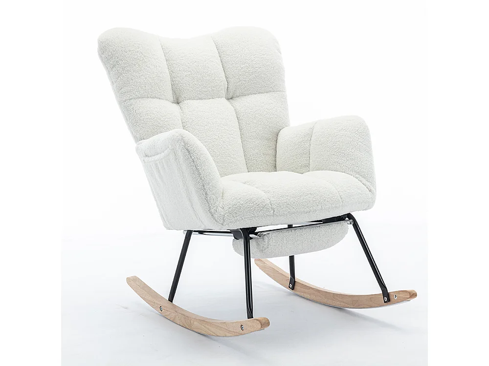 Fauteuil à bascule moderne rembourrage tissu Teddy repose-pieds extensible blanc