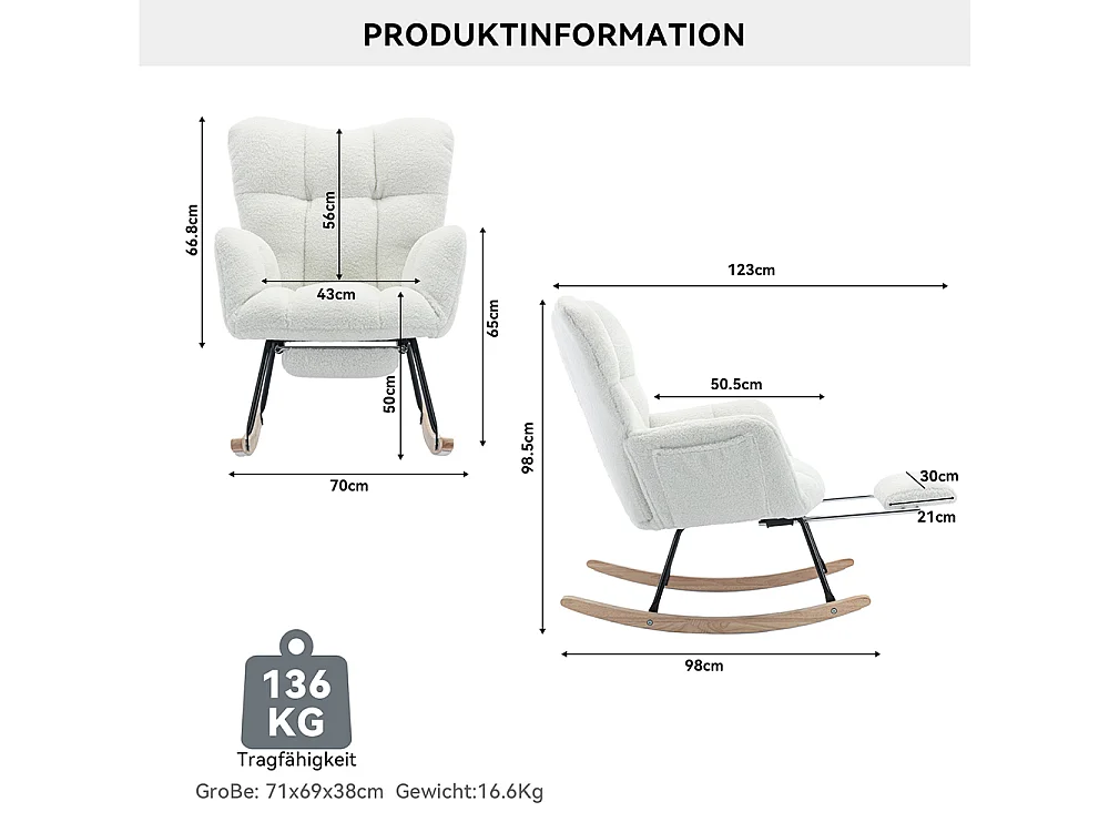 Fauteuil à bascule moderne rembourrage tissu Teddy repose-pieds extensible blanc