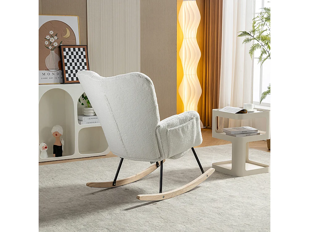 Fauteuil à bascule moderne rembourrage tissu Teddy repose-pieds extensible blanc
