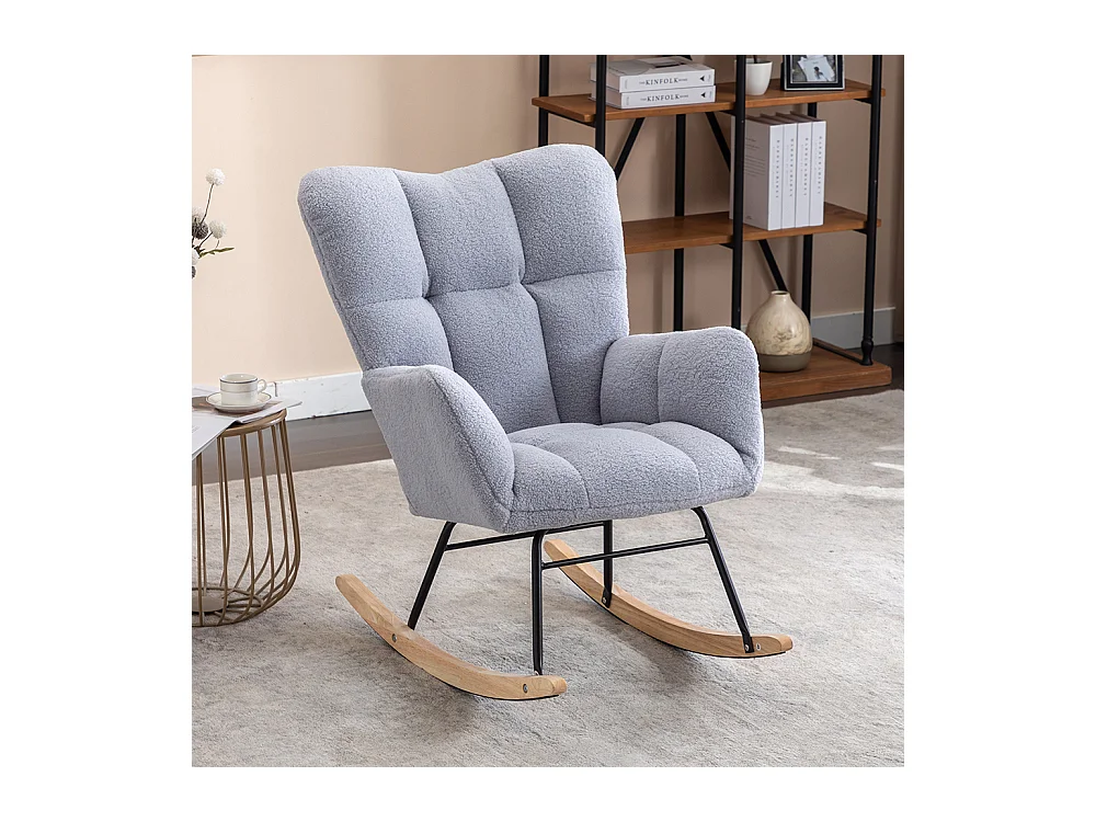 Fauteuil à bascule moderne Mid Century tissu Teddy revêtement tufté assise rembourrée salon chambre gris clair