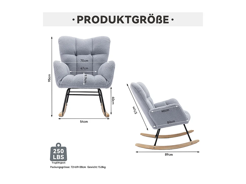 Fauteuil à bascule moderne Mid Century tissu Teddy revêtement tufté assise rembourrée salon chambre gris clair