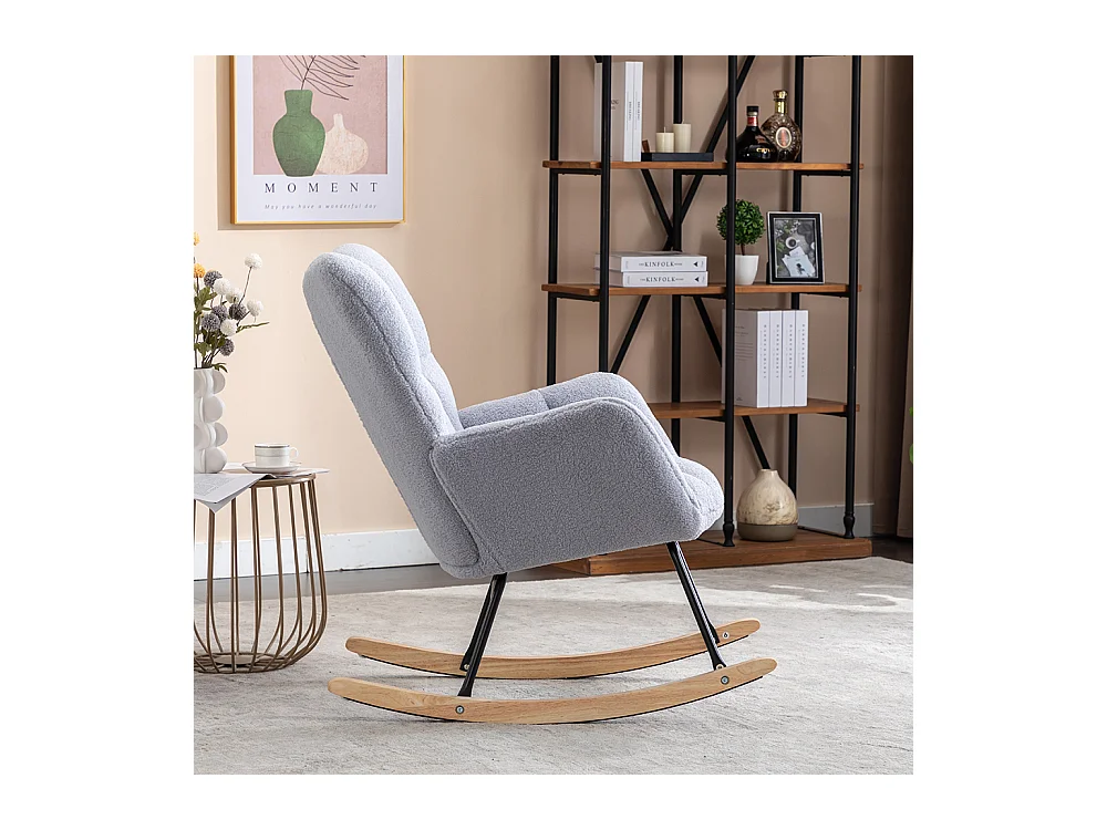 Fauteuil à bascule moderne Mid Century tissu Teddy revêtement tufté assise rembourrée salon chambre gris clair