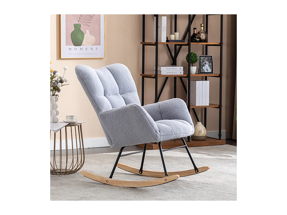 Fauteuil à bascule moderne Mid Century tissu Teddy revêtement tufté assise rembourrée salon chambre gris clair