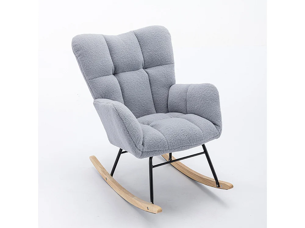 Fauteuil à bascule moderne Mid Century tissu Teddy revêtement tufté assise rembourrée salon chambre gris clair