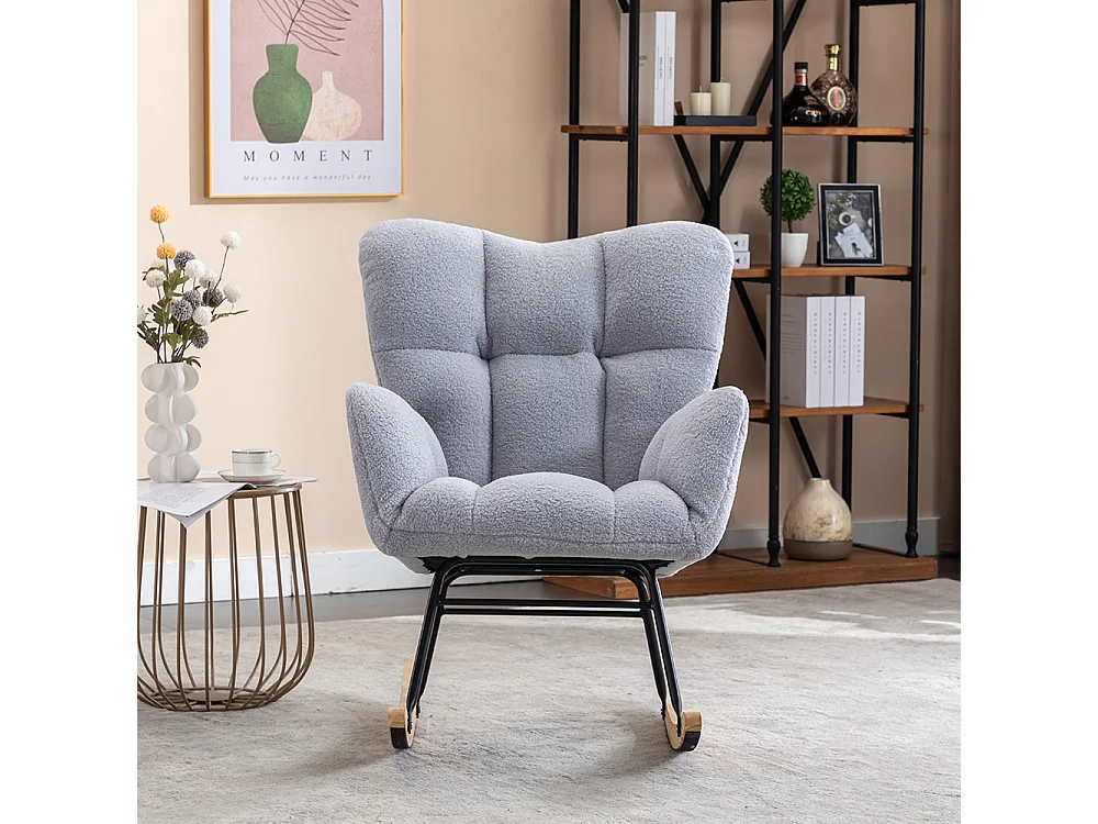 Fauteuil à bascule moderne Mid Century tissu Teddy revêtement tufté assise rembourrée salon chambre gris clair