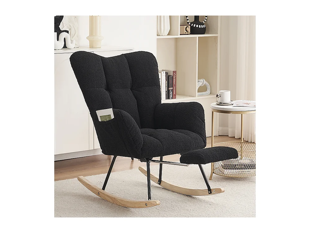 Fauteuil à bascule moderne rembourrage tissu Teddy repose-pieds coulissant noir