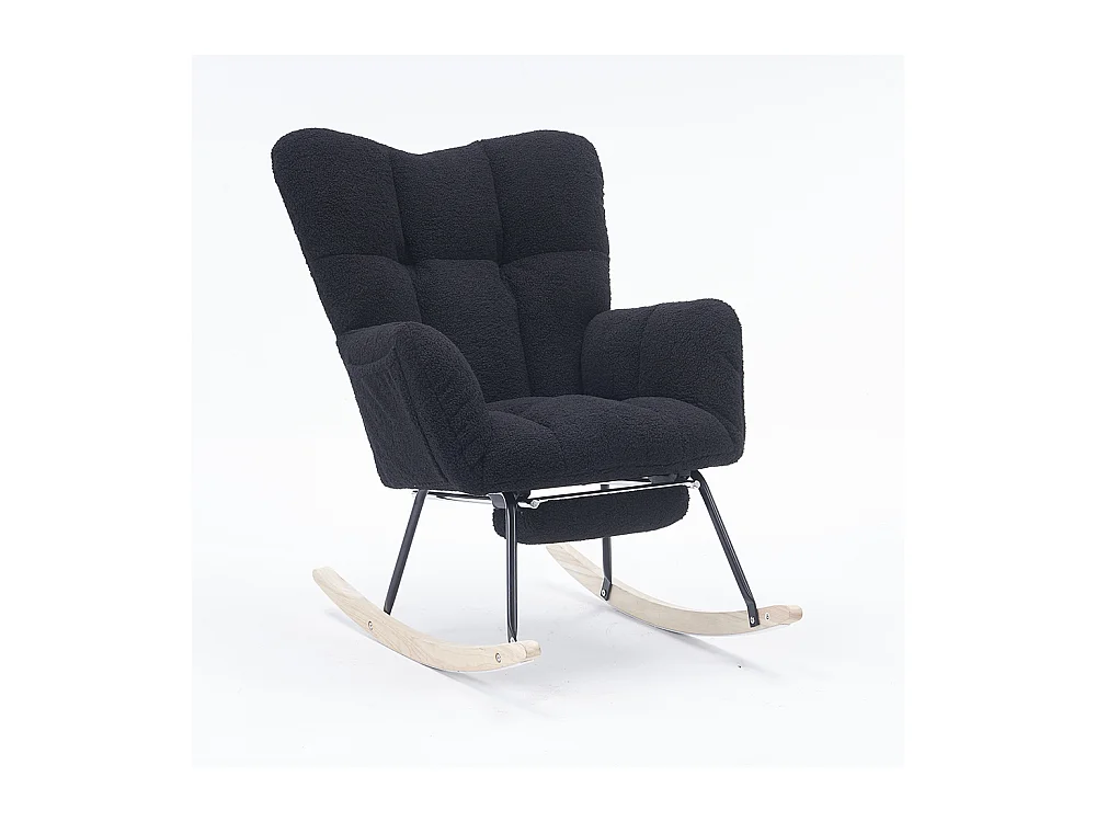 Fauteuil à bascule moderne rembourrage tissu Teddy repose-pieds coulissant noir